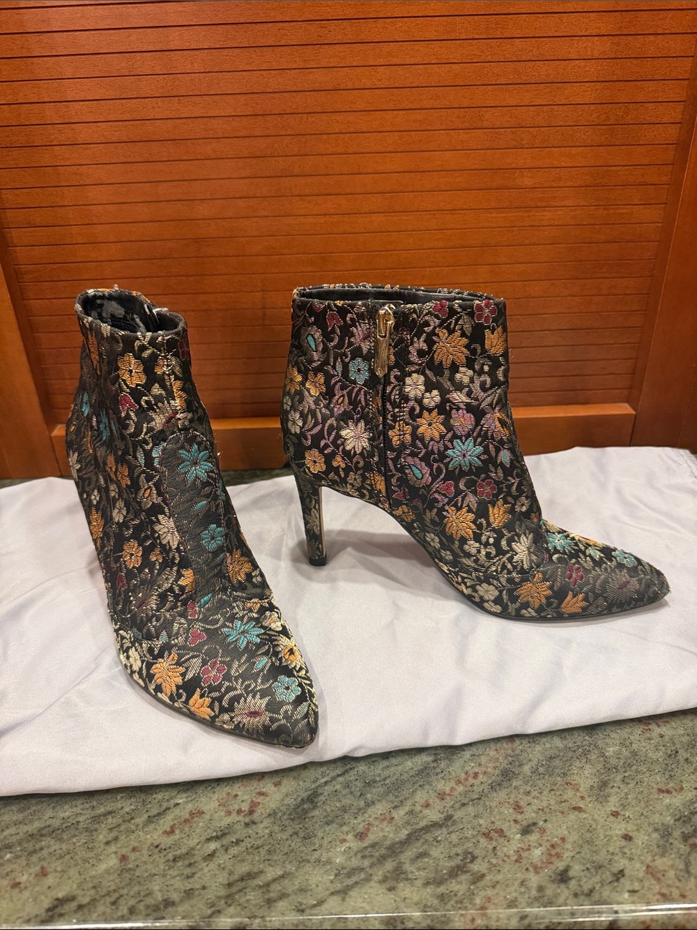 Sam Edelman Black Multicolor Floral Embroidered Pointed Ankle Boots